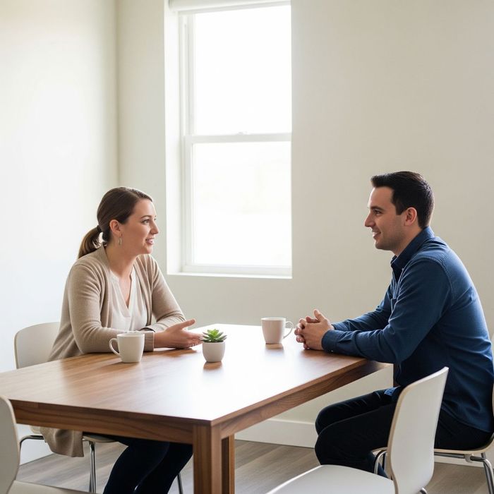Two people talking at a table
