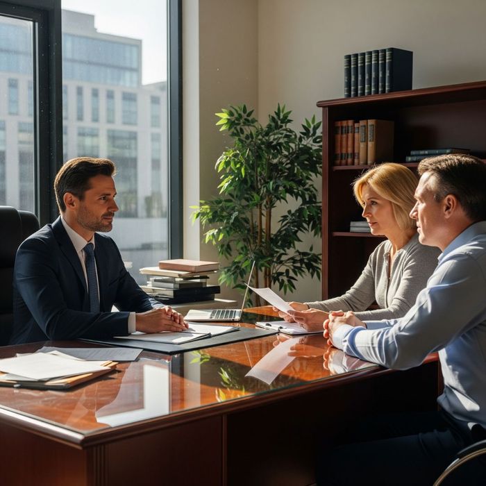 Couple talking with lawyer