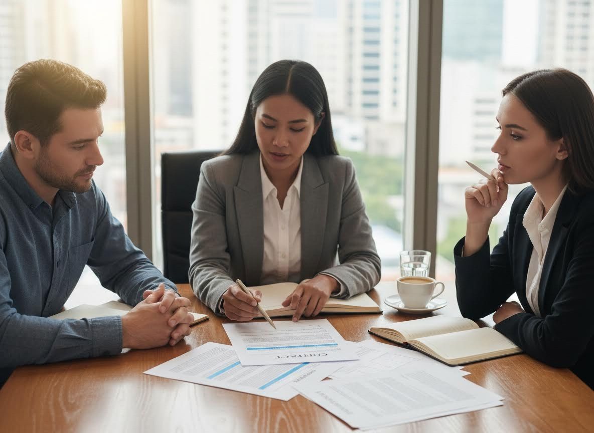 Business professionals discussing a contract at a meeting