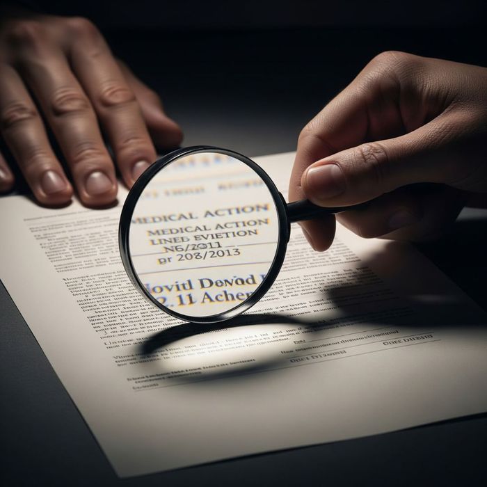 A realistic close-up photo of a hand holding a magnifying glass over a medical document, zeroing in on a key piece of evidence.