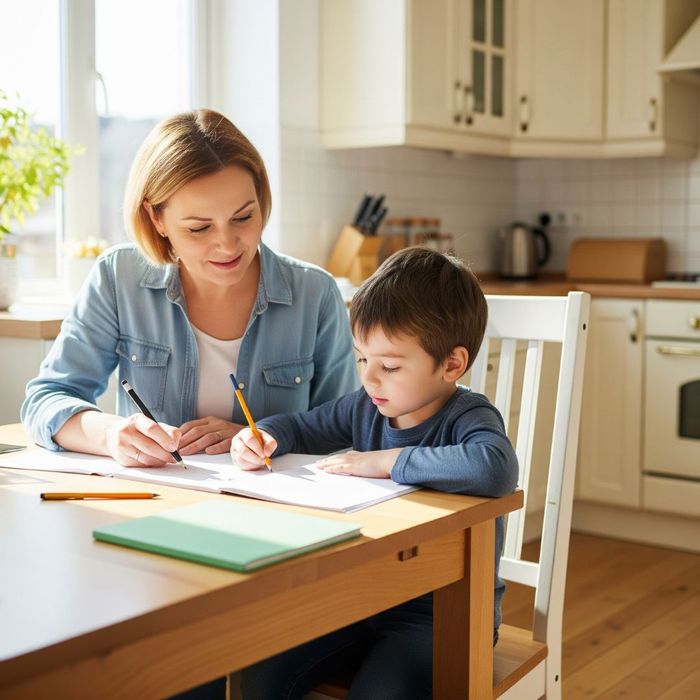 A mother helping his child with homework, illustrating the primary caregiver role in a family. A mother helping his child with homework, illustrating the primary caregiver role in a family.