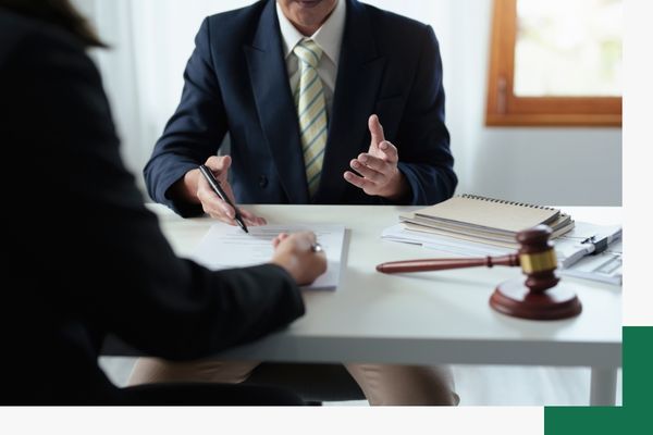 An attorney speaking with his client