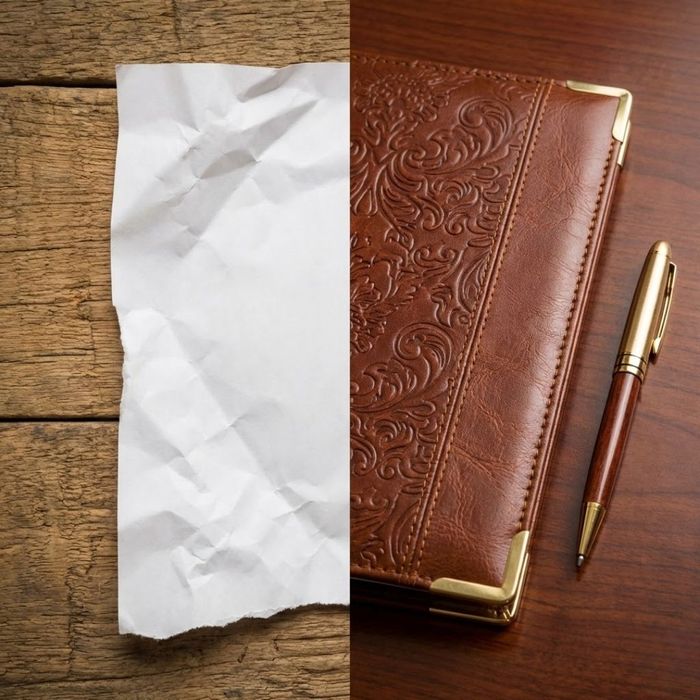 Professional leather folder versus crumpled paper symbolizing attorney vs DIY planning.