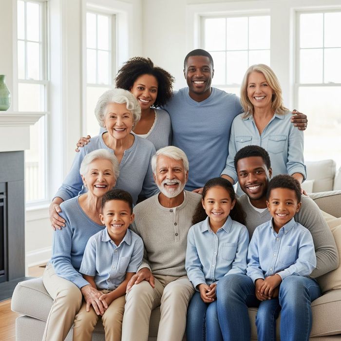 A diverse, multi-generational family smiling together in a living room. A diverse, multi-generational family smiling together in a living room.
