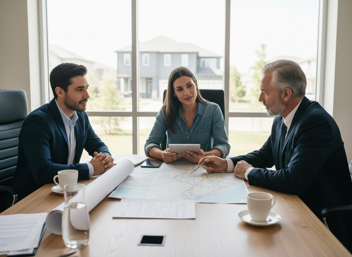 Three business professionals reviewing a map in an office