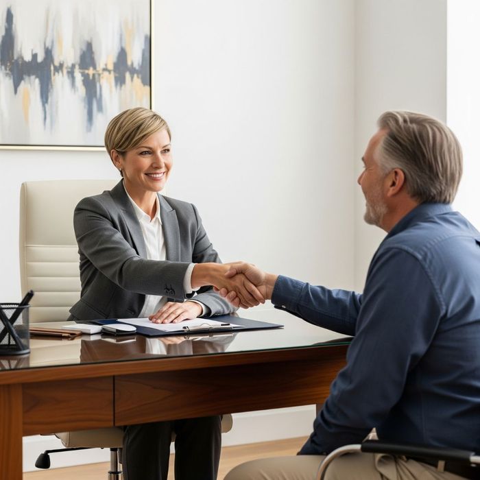 A friendly female attorney shaking hands with a relieved client across her office desk. A friendly female attorney shaking hands with a relieved client across her office desk.