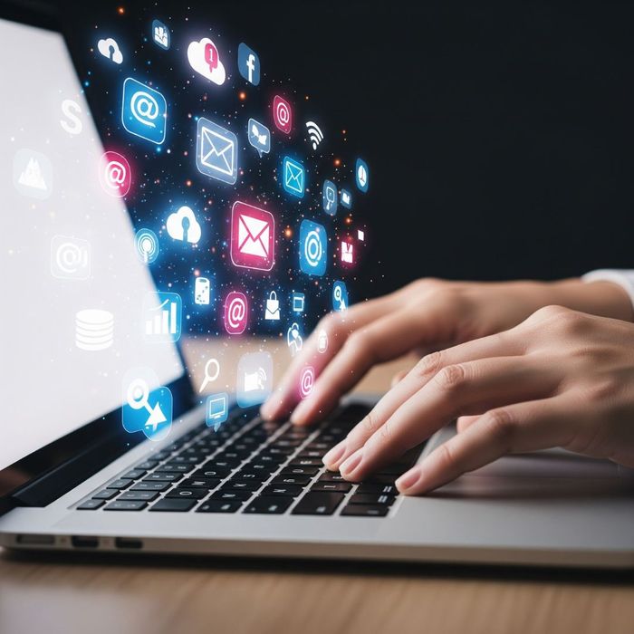 Hands typing on a laptop with digital icons for social media and cloud storage floating above. Hands typing on a laptop with digital icons for social media and cloud storage floating above.