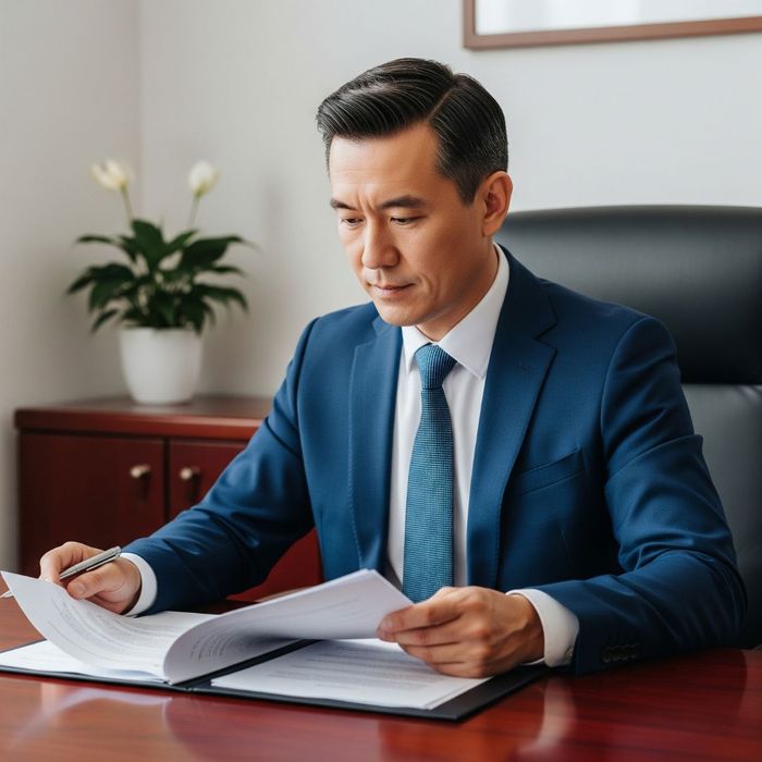 A responsible-looking man carefully reviewing documents at an office desk. A responsible-looking man carefully reviewing documents at an office desk.