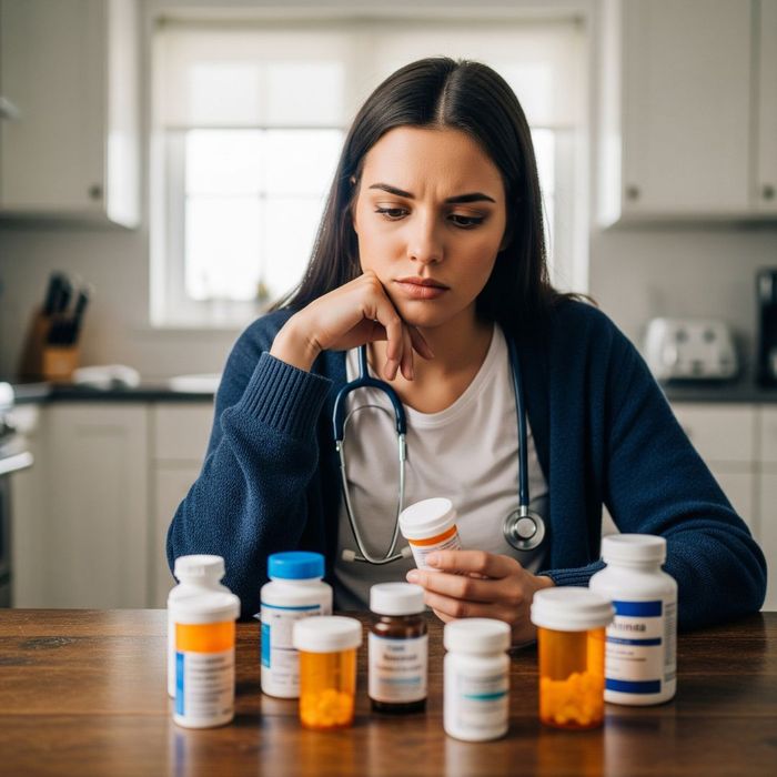 A person with a concerned expression looking at several prescription pill bottles on their kitchen table.