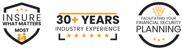 A row of three circular and shield-shaped graphic badges: "INSURE WHAT MATTERS MOST" with a family icon, "30+ YEARS INDUSTRY EXPERIENCE" with five stars, and "FACILITATING YOUR FINANCIAL SECURITY PLANNING."