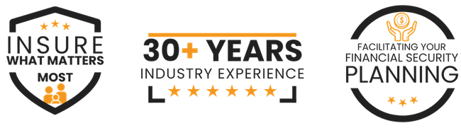 A row of three circular and shield-shaped graphic badges: "INSURE WHAT MATTERS MOST" with a family icon, "30+ YEARS INDUSTRY EXPERIENCE" with five stars, and "FACILITATING YOUR FINANCIAL SECURITY PLANNING."