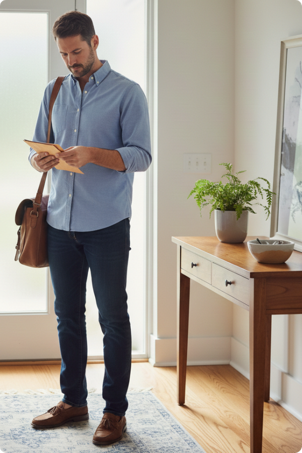 A man standing in a bright entryway, wearing a blue button-down shirt and a leather messenger bag, carefully opening a large manila envelope.