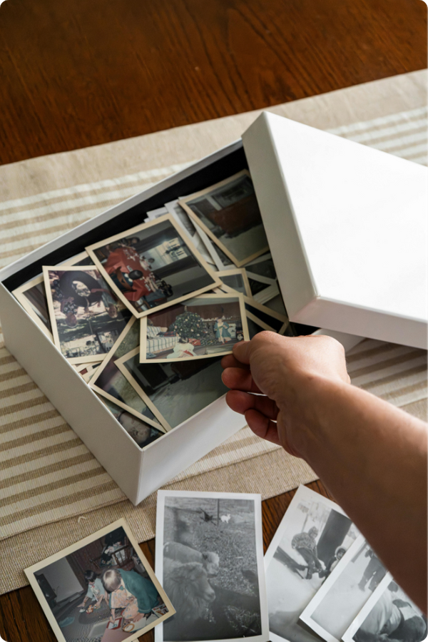 A first-person perspective of a hand reaching into a white storage box filled with vintage family photographs, symbolizing legacy and memory.