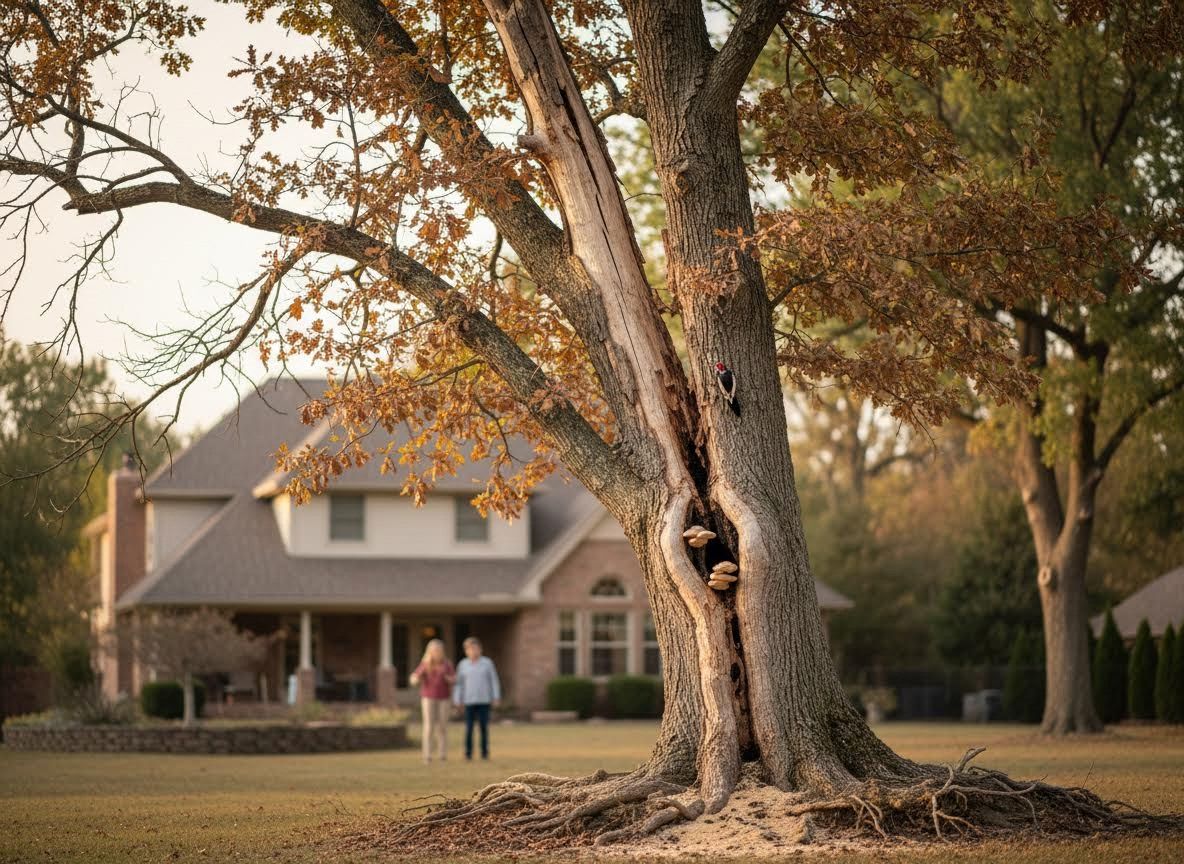 Autumn Oak Tree with Woodpecker and House