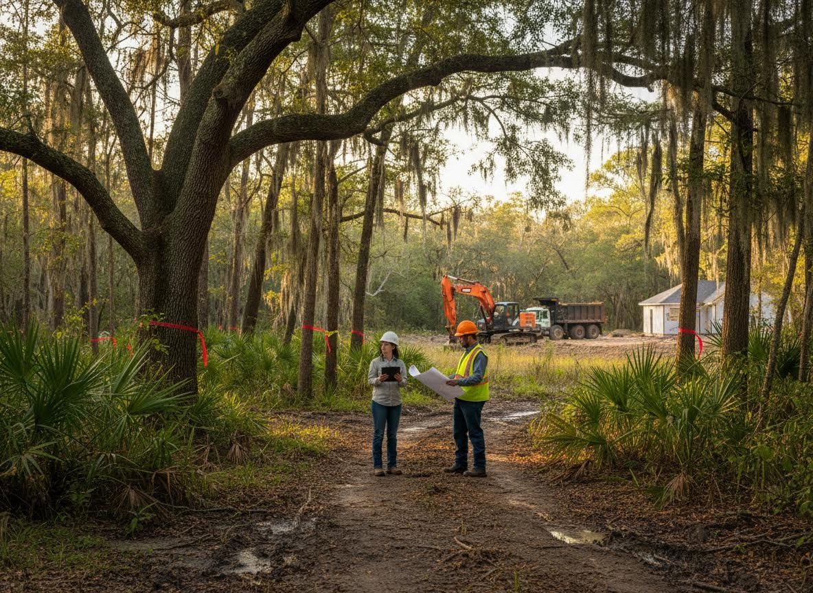 Construction professionals reviewing plans at a wooded development site