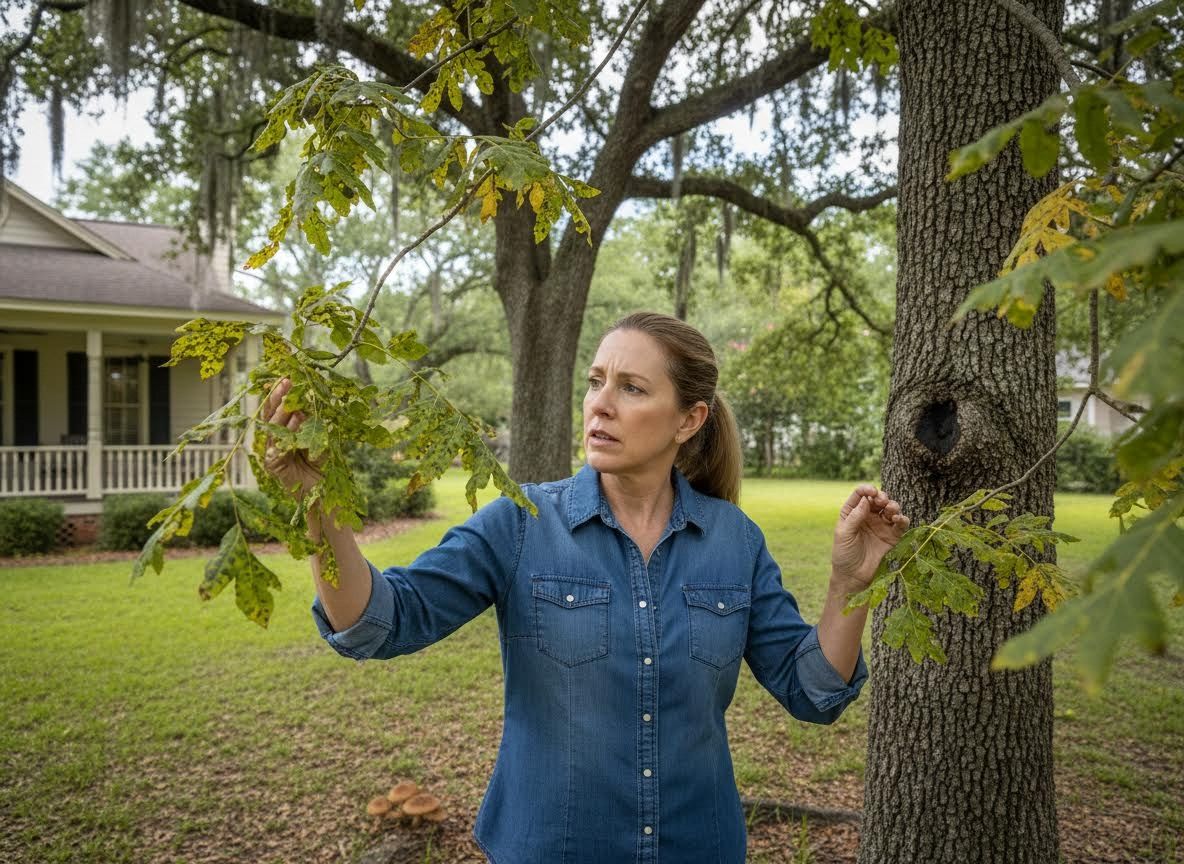 Woman examining diseased tree leaves