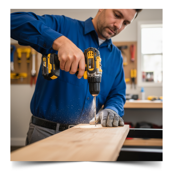 A close-up of a handyman's hands using a power drill to make a repair, emphasizing professionalism and skill.