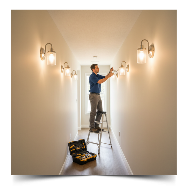 A handyman updating light fixtures in a hallway, demonstrating precision and efficiency.