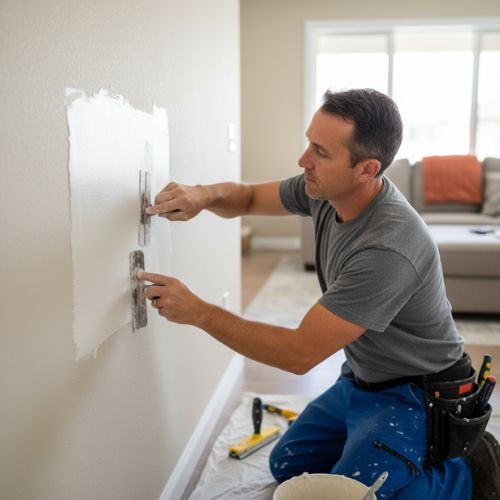 Local handyman services in Blackfoot, ID, performing a professional drywall repair.