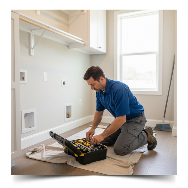 A punctual handyman efficiently organizing his professional tools after completing a repair, leaving the workspace clean and tidy.