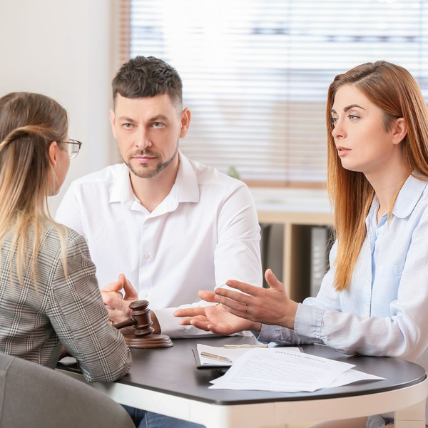 Man and woman converse with a judge or lawyer