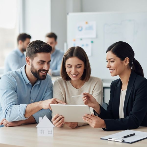a smiling female financial advisor or real estate agent pointing to a tablet screen while discussing details with a happy couple