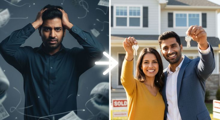 a confused potential home-buyer to a man and woman holding keys to their new home