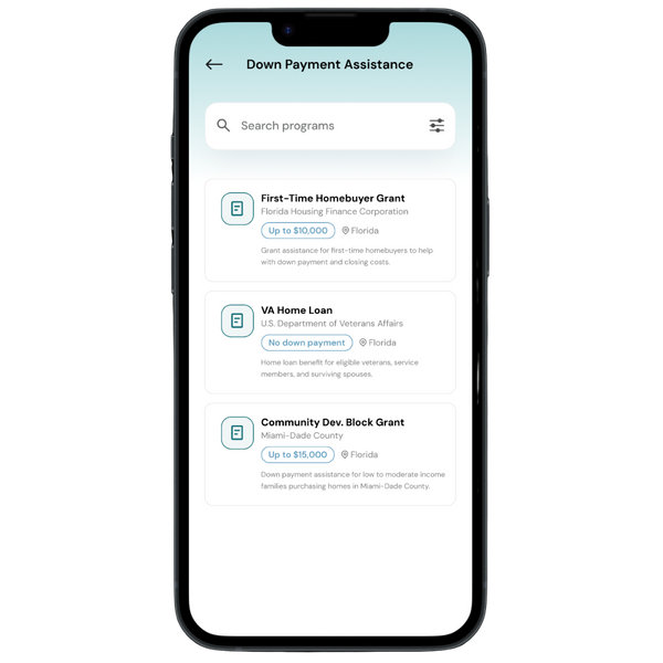 down payment assitance screen