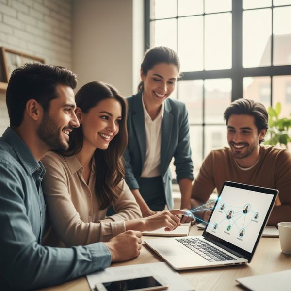 a diverse group of smiling people gathered around a laptop, which displays a network of connected professionals