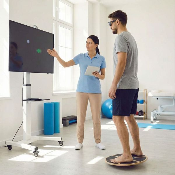 A male patient performs NeuroVision balance training while wearing specialized glasses and standing on a wobble board, guided by a female therapist monitoring his progress on a tablet.