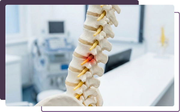 A professional anatomical model of a human spine and nervous system used in a Minot chiropractic office to explain pinched nerves.