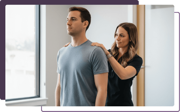 female chiropractor working with male patient on mid-back pain