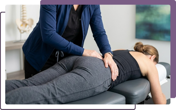 A close-up professional photograph of a female chiropractor expertly applying a manual adjustment to the sacroiliac joint of a patient lying prone on a gray adjusting table. The environment is a clean, professional clinical setting.