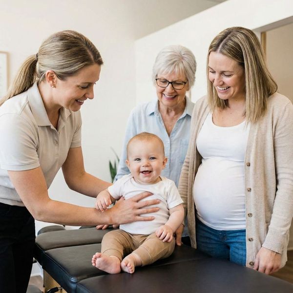 A multi-generational family scene in a clinic featuring a smiling grandmother, a pregnant mother, and a baby being gently held by a female chiropractor on an exam table.