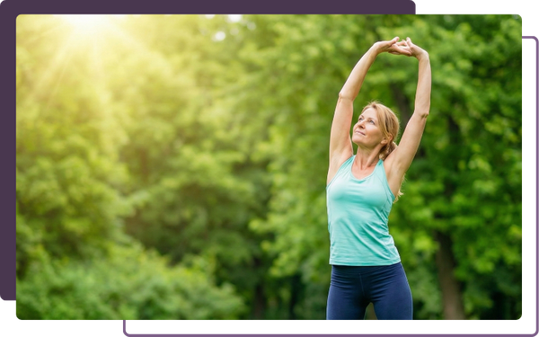 A healthy woman in athletic wear stretches her arms overhead outdoors, symbolizing long-term wellness and vitality.