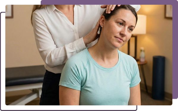 A female chiropractor guides a patient through a gentle neck stretching exercise to improve range of motion.