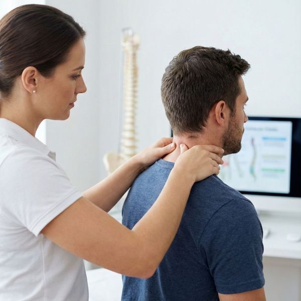 A female chiropractor performs a hands-on neck assessment on a male patient to identify the root cause of discomfort, with a digital spine chart visible on a computer monitor in the background.