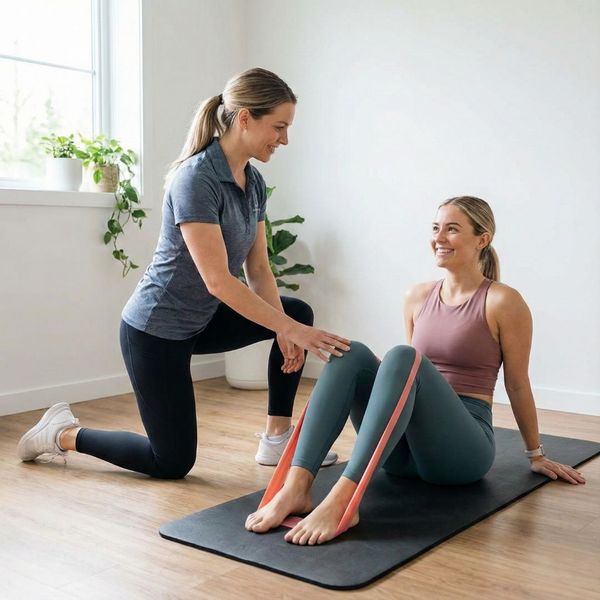 A female chiropractor kneels on a yoga mat demonstrating corrective exercises to a smiling patient using a resistance band, empowering her with tools for long-term recovery.