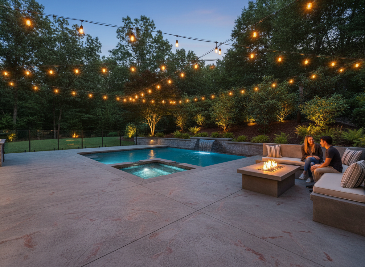 Evening Backyard Patio with Pool, Fire Pit, and String Lights