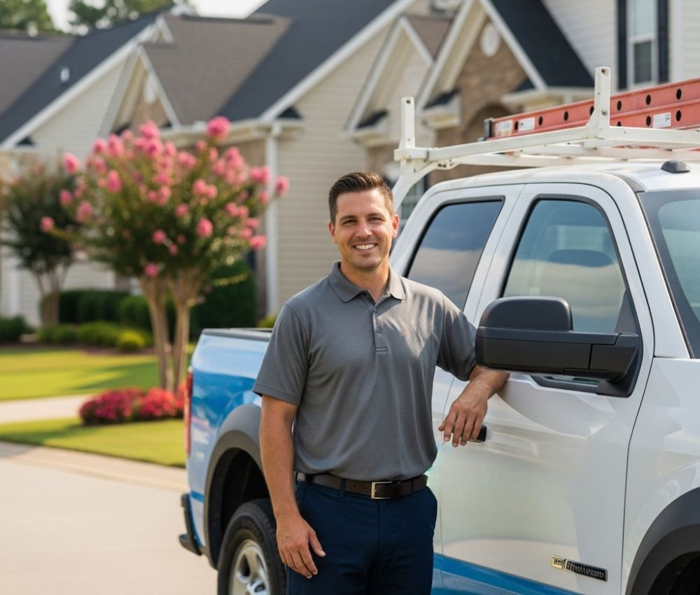 a friendly and professional contractor smiling while standing next to a company truck in a suburban neighborhood