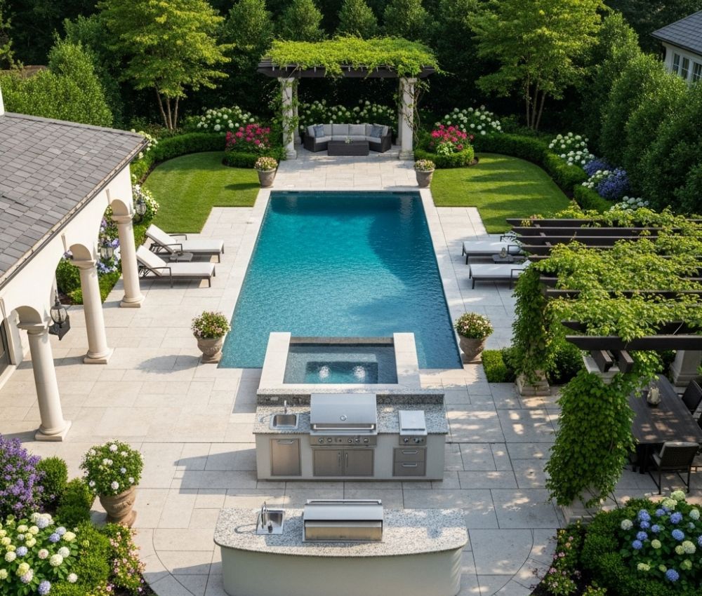 an aerial view of a luxurious backyard featuring a custom swimming pool, an elegant patio with a full outdoor kitchen, and vibrant landscaping