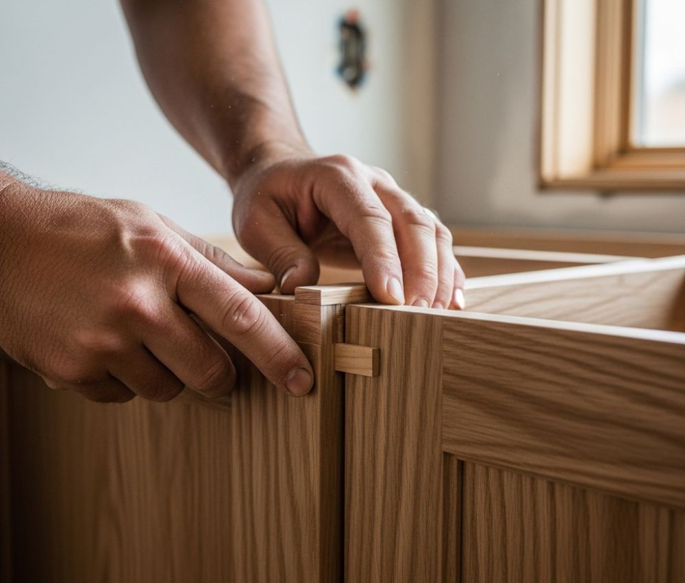 a craftsman's hands skillfully installing high-end, custom wood cabinetry in a new home