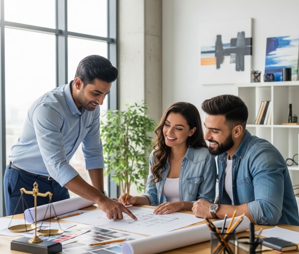 an architect points to details on a blueprint while a smiling couple looks on collaboratively at a table in a modern design office