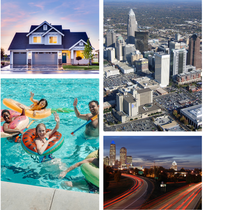 A collage of a home, city landscape, a pool, and highway