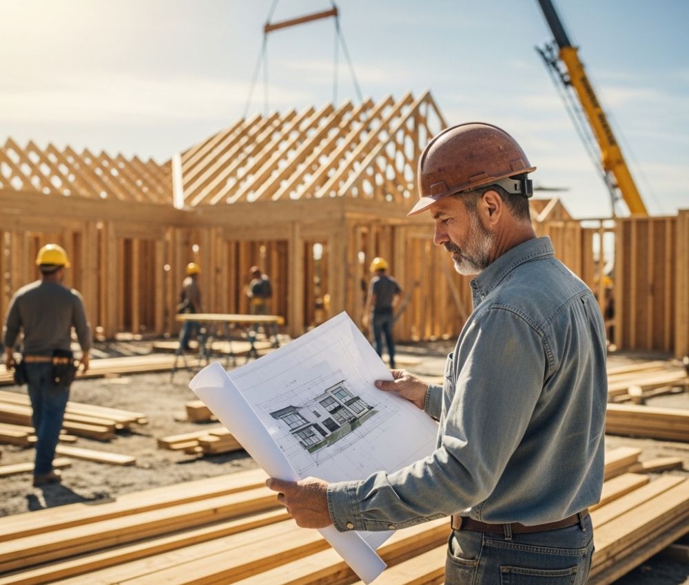 a master builder with a beard and hard hat carefully reviews architectural blueprints on a busy custom home construction site