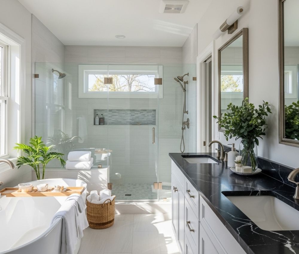 a sunlit, modern bathroom renovation featuring a freestanding tub, a walk-in glass shower, and a dark marble double vanity