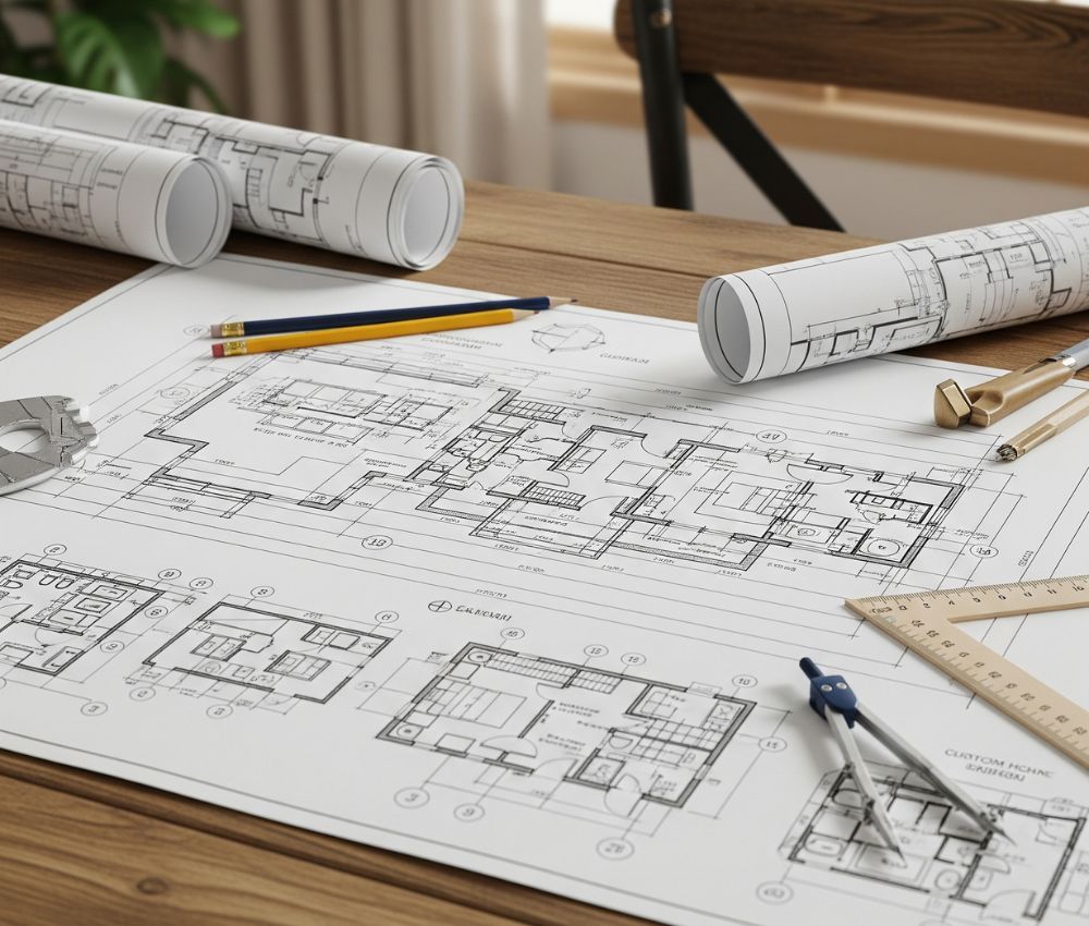 Detailed architectural blueprints on a desk. Waxhaw Custom Home Builders.jpg