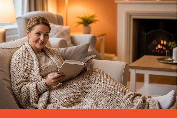 A woman sitting comfortably on her couch reading