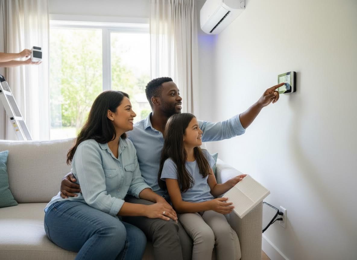 Happy Family Adjusting Smart Thermostat with New Air Filter