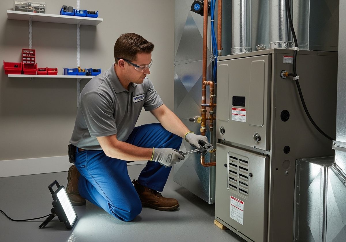 HVAC technician repairing a furnace.